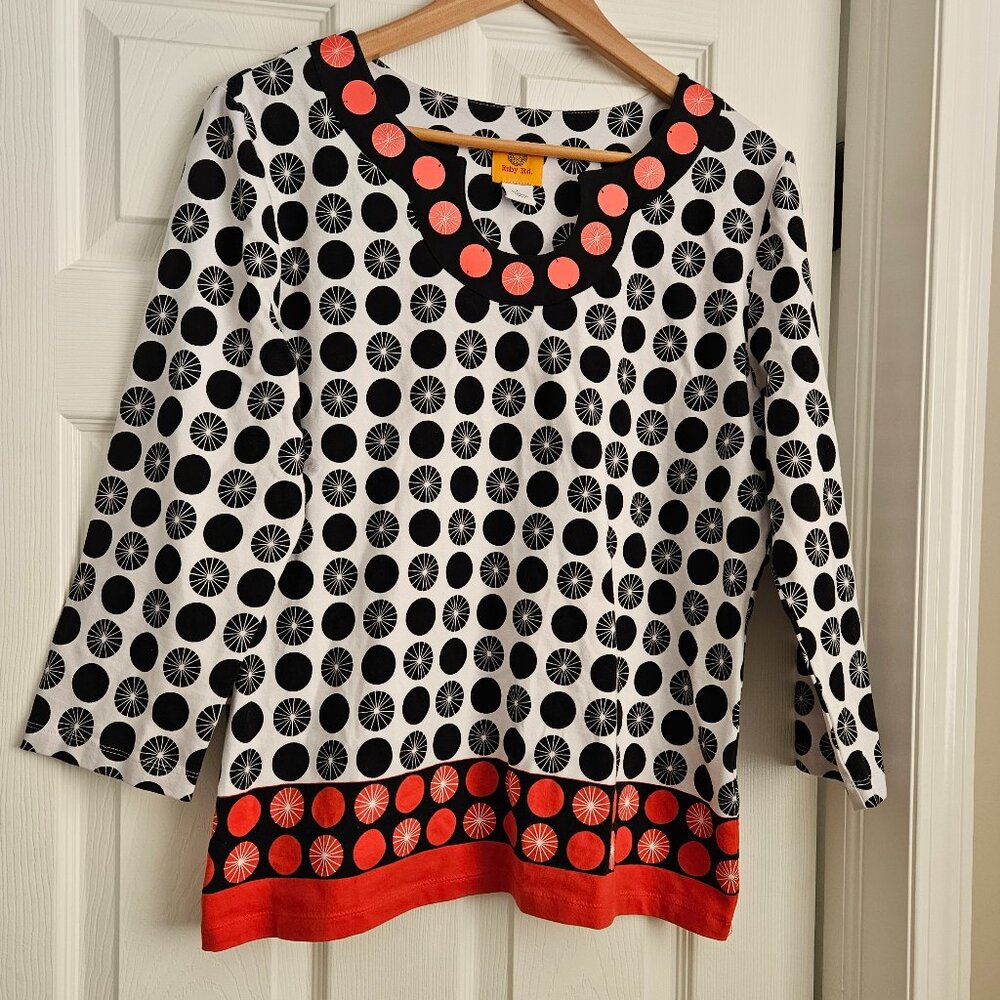Ruby Rd Women's L Dress Shirt with Circular Pattern White/Black/Red 3/4 Sleeves